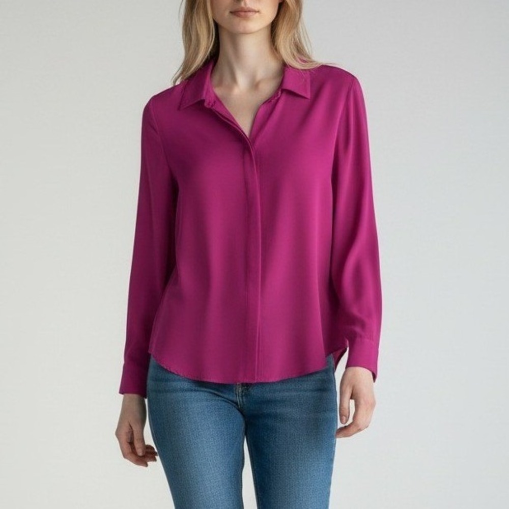 Theory 100% Silk Magenta Pink Blouse M Long Sleeve High Low Hem Corporate Chic M